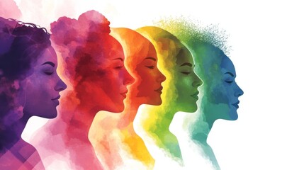 Wall Mural - Colorful Side Profiles of Women in Watercolor Style Art with Mixed Emotions