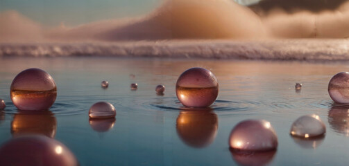 Wall Mural - Glass Balls Floating on Water with Foggy Background