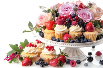 Wall Mural - Fresh cupcakes decorated with berries and roses, perfect for a sweet celebration