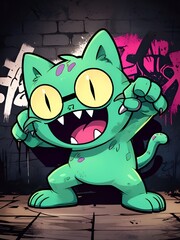 Wall Mural - Green Cat with Glasses in a Grungy Setting