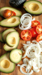 Wall Mural - Fresh Avocado, Tomato and Onion Slices on a Wooden Cutting Board