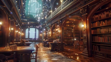 Canvas Print - An ornate library with bookshelves filled with books, and large windows allowing light to shine in.