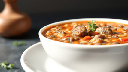 Poster - Close-up of a Bowl of Hearty Soup with Meatballs and Vegetables