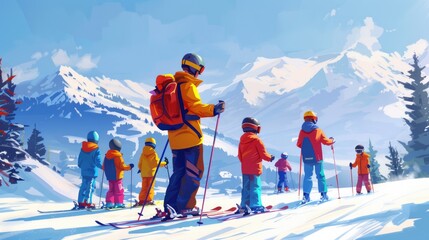 Wall Mural - Group of friends enjoying the winter scenery from the top of a snowy slope