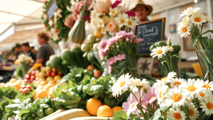 Canvas Print - Fresh Produce and Flowers in a Sunny Market