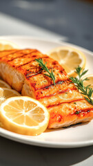 Canvas Print - Close-up of Grilled Salmon with Lemon and Rosemary on White Plate