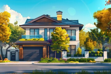 Poster - A single-family home with two balconies, one at ground level and another on the rooftop