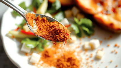 Canvas Print - Close up of a spoon with orange powder being sprinkled over a dish