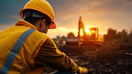 A man in a yellow safety vest is working on a construction site. The sun is setting in the background, casting a warm glow over the scene. The man is focused on his work