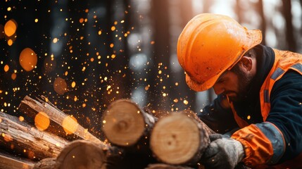 A man in an orange safety vest is cutting wood with a chainsaw. The scene is set in a forest, and the man is surrounded by logs. Concept of danger and hard work