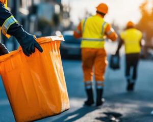 A man is holding a trash can on a street. The man is wearing a yellow vest. There are two other men walking behind him