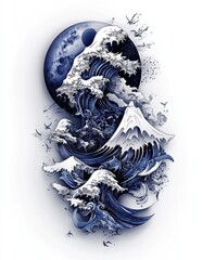 Poster - A stylized wave design featuring mountains and a moon, emphasizing nature's beauty.