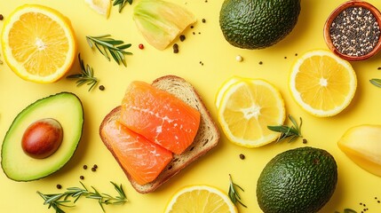 Aufkleber - Enjoy a nutritious breakfast spread with avocado toast topped with salmon, surrounded by fresh citrus on a bright yellow surface. Generative AI