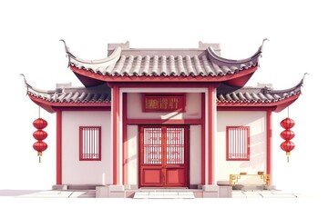 Poster - A small building with a bright red door in front of a white facade, ideal for use in illustrations or photography projects