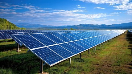 Expansive solar panel array harnessing renewable energy under a clear blue sky, showcasing sustainable technology in nature.