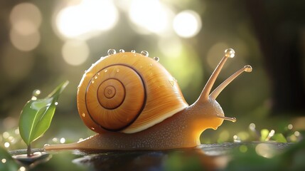 A snail moves gracefully on damp ground, adorned with raindrops on its shell, as soft morning sunlight filters through the leaves, creating a serene and tranquil atmosphere.