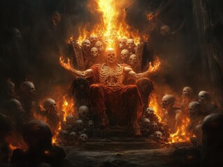 Skeleton King on Fiery Throne Surrounded by Skulls in Dark, Eerie, and Dramatic Scene