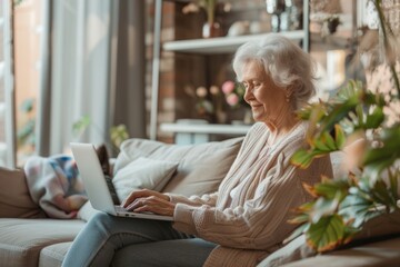 Poster - Woman sitting on a couch using a laptop