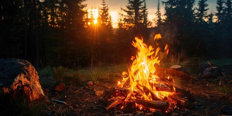 Poster - Campfire in a Forest at Dusk Illuminating Trees with Setting Sun