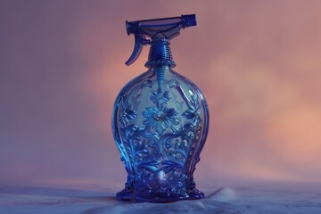 Poster - A blue glass spray bottle sits on a table, ready for use