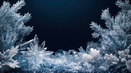 Leinwandbilder - Large icy crystals form stunning Christmas decorations, featuring intricate designs of stars and delicate snowflakes against a dark backdrop. Generative AI