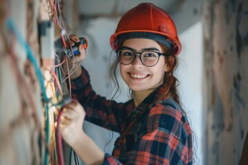 Poster - A woman in a hard hat and glasses works on electrical wires, possibly for maintenance or repair