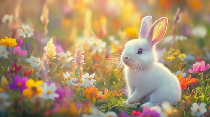 A fluffy white rabbit sits peacefully among vibrant flowers in a sunny meadow, enjoying the beautiful spring day and serene environment filled with colors and scents.