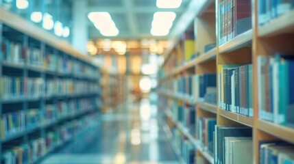 Wall Mural - Abstract blurred library interior with defocused bookshelves.