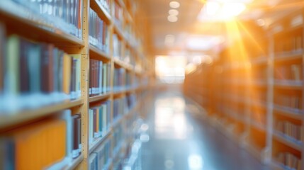 Wall Mural - Artistic blurred background featuring a library interior with bookshelves. Defocused effect for business or education concepts. Education and learning concept.