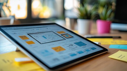 35. close-up of a tablet showing a website prototype with drag-and-drop features, interactive design