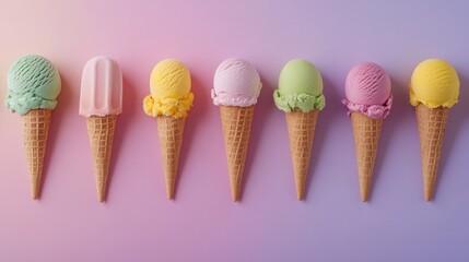 Brightly colored ice cream cones display an array of flavors, creating an appealing treat that entices dessert lovers on a warm day