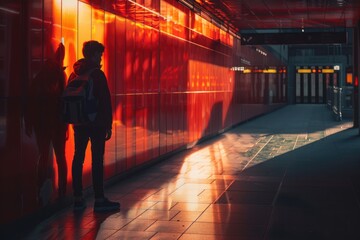 Poster - A person stands in front of a bright red wall, with bold colors and contrasting textures