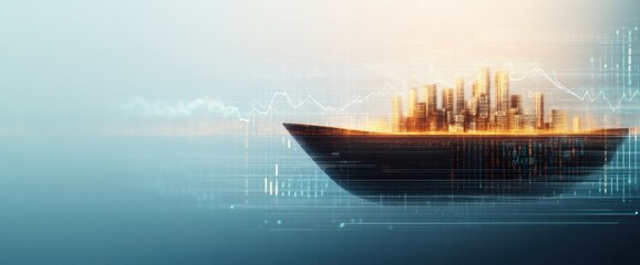 Abstract background with a blend of business metrics and long boat racing imagery, copy space, natural lighting