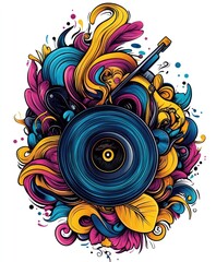 Poster - A vibrant, abstract design featuring a vinyl record surrounded by colorful swirls and shapes.