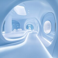 Poster - A white blue space with rounded shapes, featuring LED lighting and futuristic elements