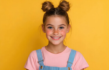 Sticker - Portrait of a beautiful, smiling young woman wearing a pink t-shirt and blue striped overalls with a two-bun hairstyle