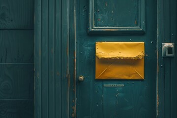 Aufkleber - A green door with a yellow envelope attached, suggesting a message or invitation