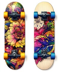 Two colorful skateboards featuring intricate floral and abstract designs.