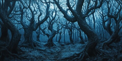 A spooky forest with twisted trees 