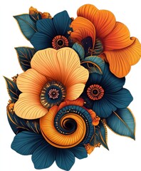 Wall Mural - A vibrant floral arrangement featuring intricate flowers and swirling patterns.