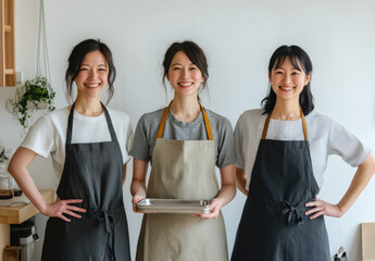 Wall Mural - Three Japanese women wearing aprons stand smilingly in front of the camera. One woman is holding a cracked plate