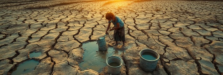 In a parched landscape, individuals with hollow expressions fill containers with dirty water from depleted wells as the sun sets. Generative AI