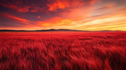 Poster - Expansive red grass field under a vibrant sunset, with the sky ablaze in hues of orange