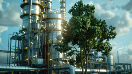 Poster - A large industrial facility with a single tree standing in the foreground, symbolizing nature and industry coexisting