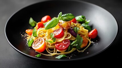 Sticker - Gourmet vegetarian pasta with vibrant, fresh ingredients, served on a black plate with a minimalist black background.