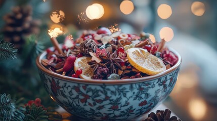 Canvas Print - Holiday-themed potpourri in a decorative bowl, set out near the entrance of a home,