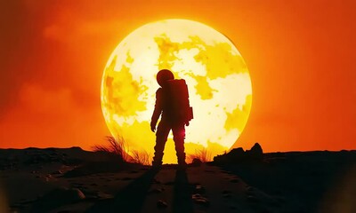 Wall Mural - An astronaut stands silhouetted against the backdrop of a massive setting sun