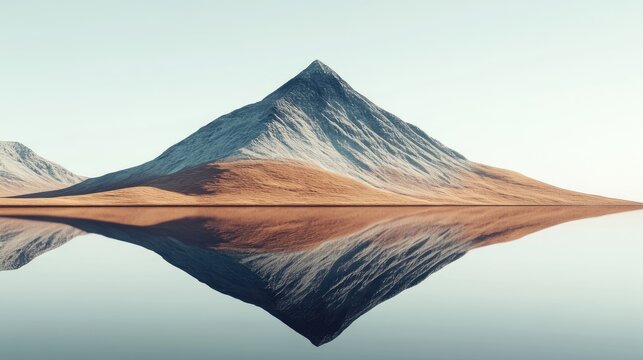 Minimalist digital artwork showing a mountain's reflection in a perfectly still lake,