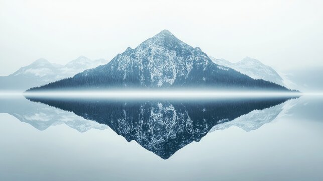 Minimalist digital artwork showing a mountain's reflection in a perfectly still lake,