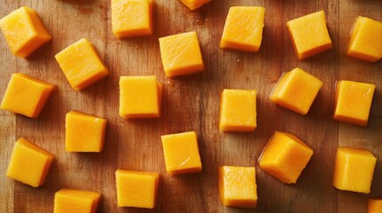 Poster - Perfectly cut mango cubes, displayed in a symmetrical pattern on a wooden surface, bathed in warm